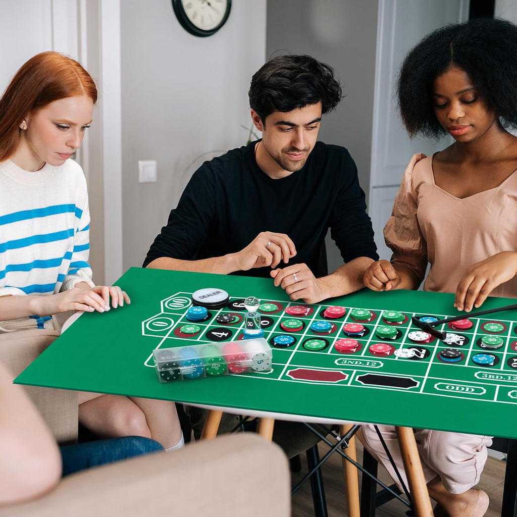 Casino Night 4 in 1 Complete Game Set for Craps Texas Holdem Party | 2 Double Sided Felts Layout Mat, 10" Roulette