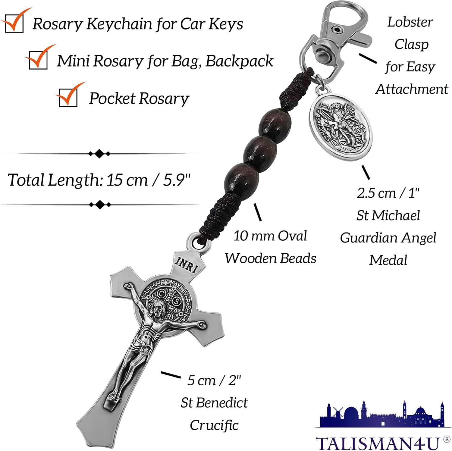 Catholic Rosary Keychain for Car St Benedict Cross Saint Michael