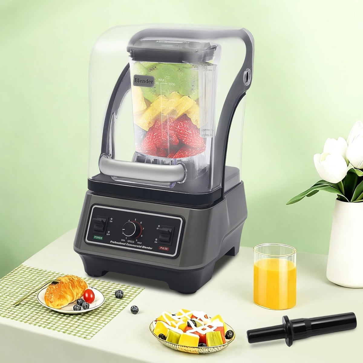 Commercial Blender, Quiet Blender with Soundproof Shield, Black for Kitchen