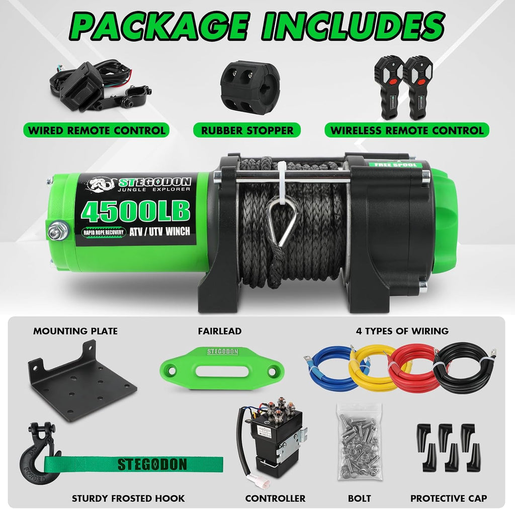 4500 Winch 12V Electric ATV/UTV Winch with Synthetic Rope,2pcs Wireless Remote and Winch Stopper for Towing Jeep