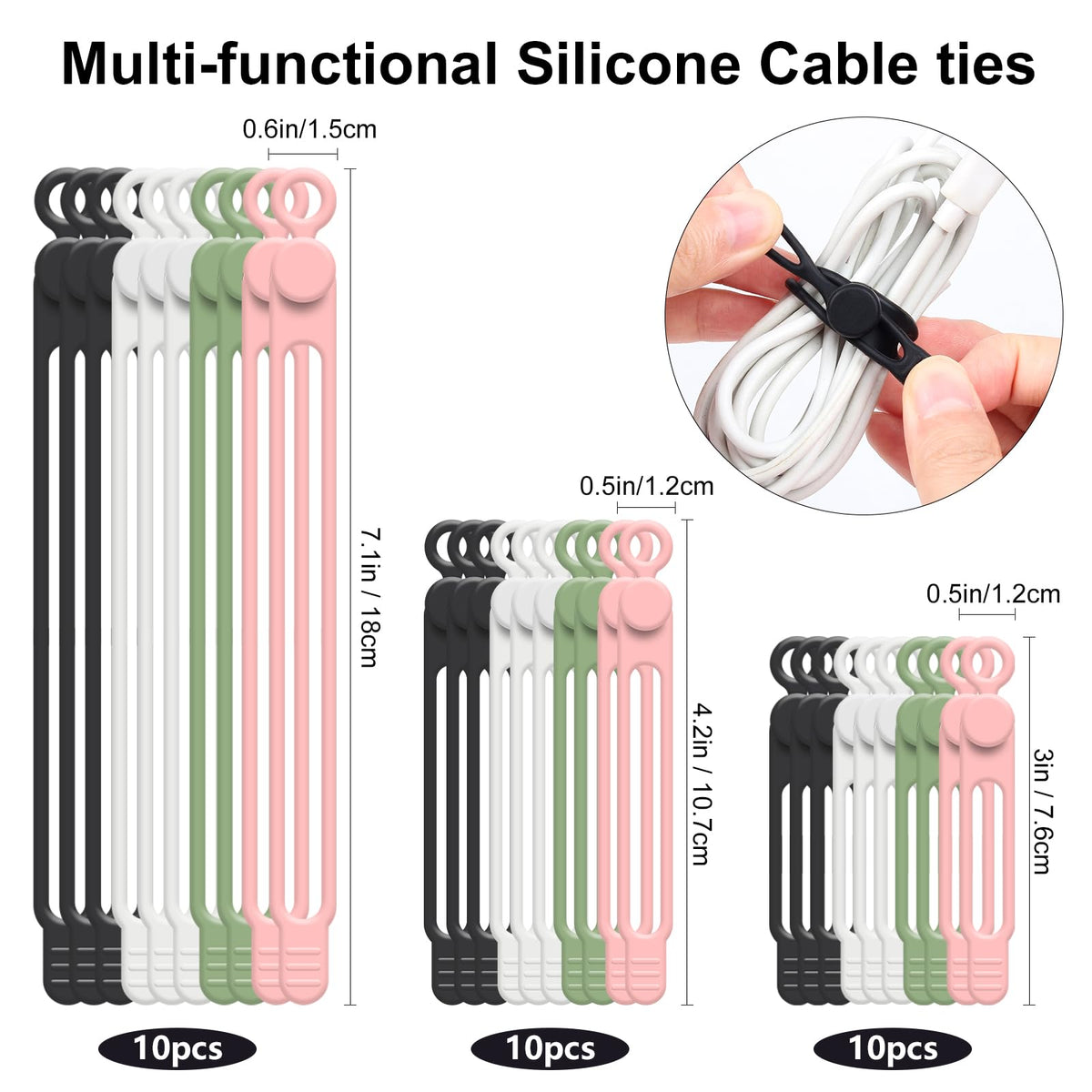 Silicone Cable Ties, 30Pcs Reusable Cord Ties in 3 Sizes for Various Cables