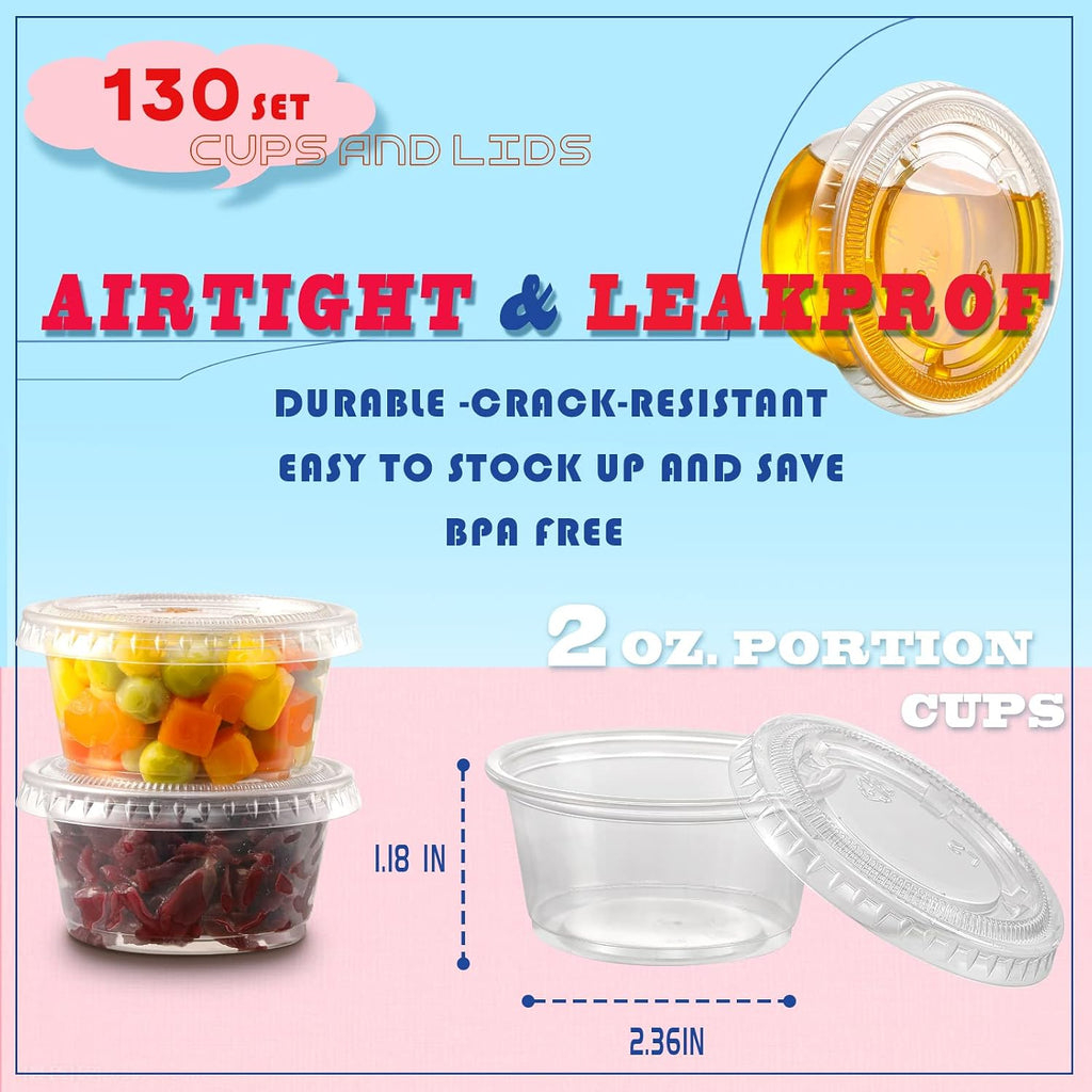 130 sets - 2 oz Jello Shot Cups, Small Plastic Containers with Lids, Airtight and Stackable Portion Cups, Salad