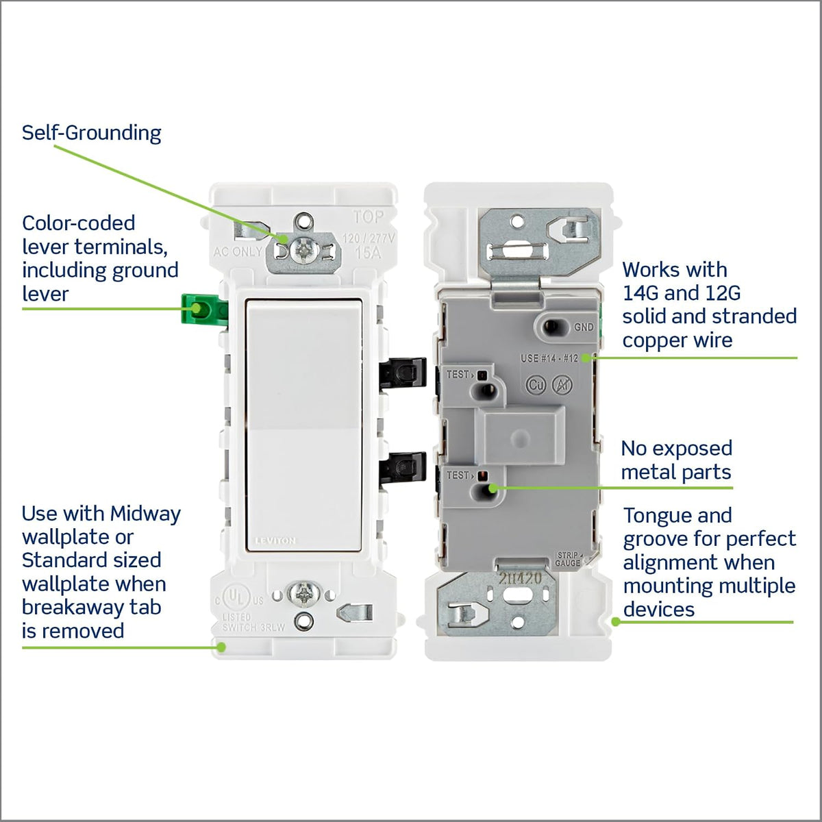 Leviton Lever Edge 15 Amp Single Pole Rocker Switch, 10-Pack, E5601-MW, White