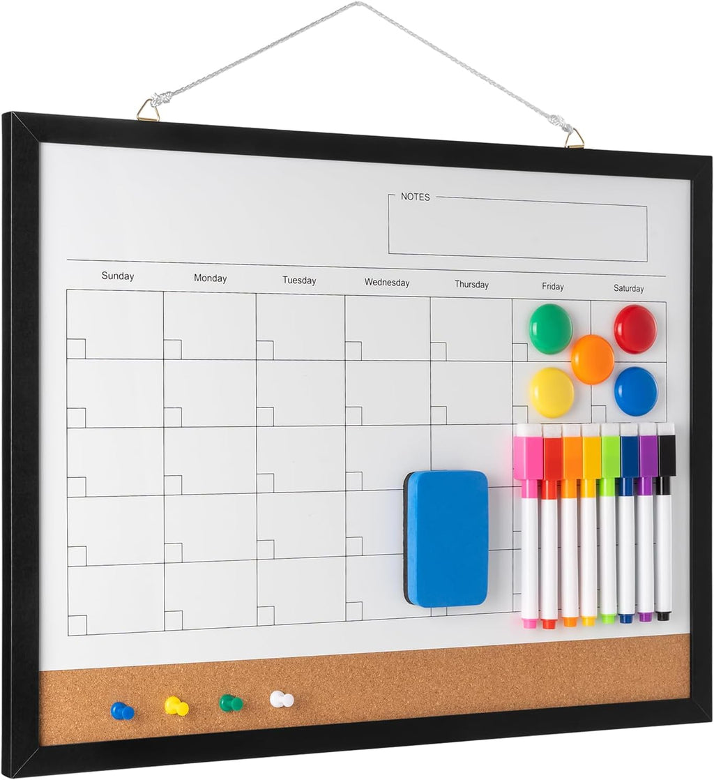 Dry Erase Calendar Whiteboard, 17" x 13" Magnetic Whiteboard Cork Board Combo, Reusable Monthly Planner with 8