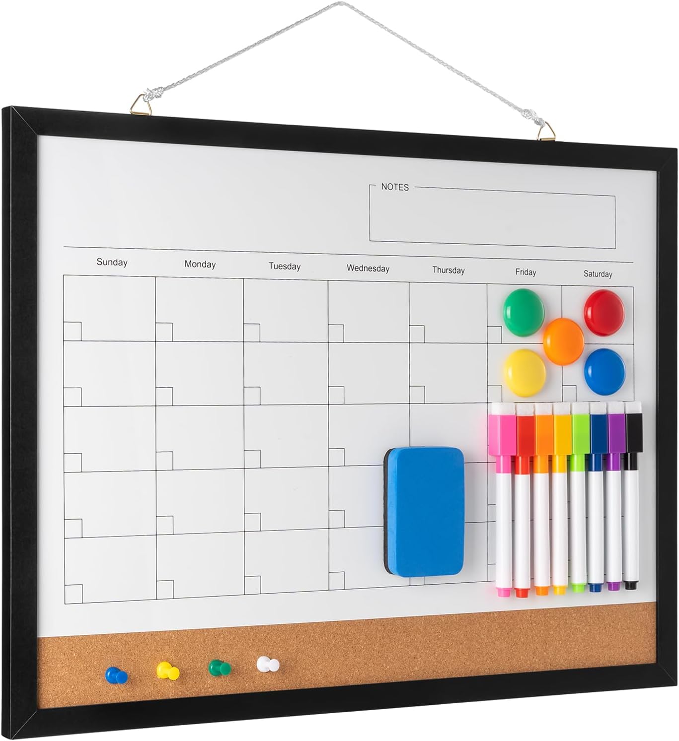 Dry Erase Calendar Whiteboard, 17" x 13" Magnetic Whiteboard Cork Board Combo, Reusable Monthly Planner with 8