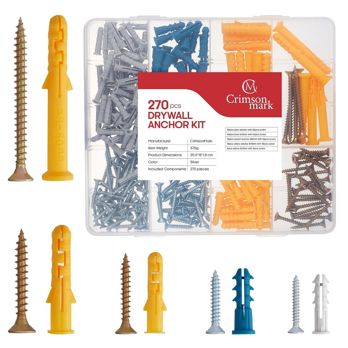 Self Drilling Drywall Kit Anchors, Screws and Bolts (270)