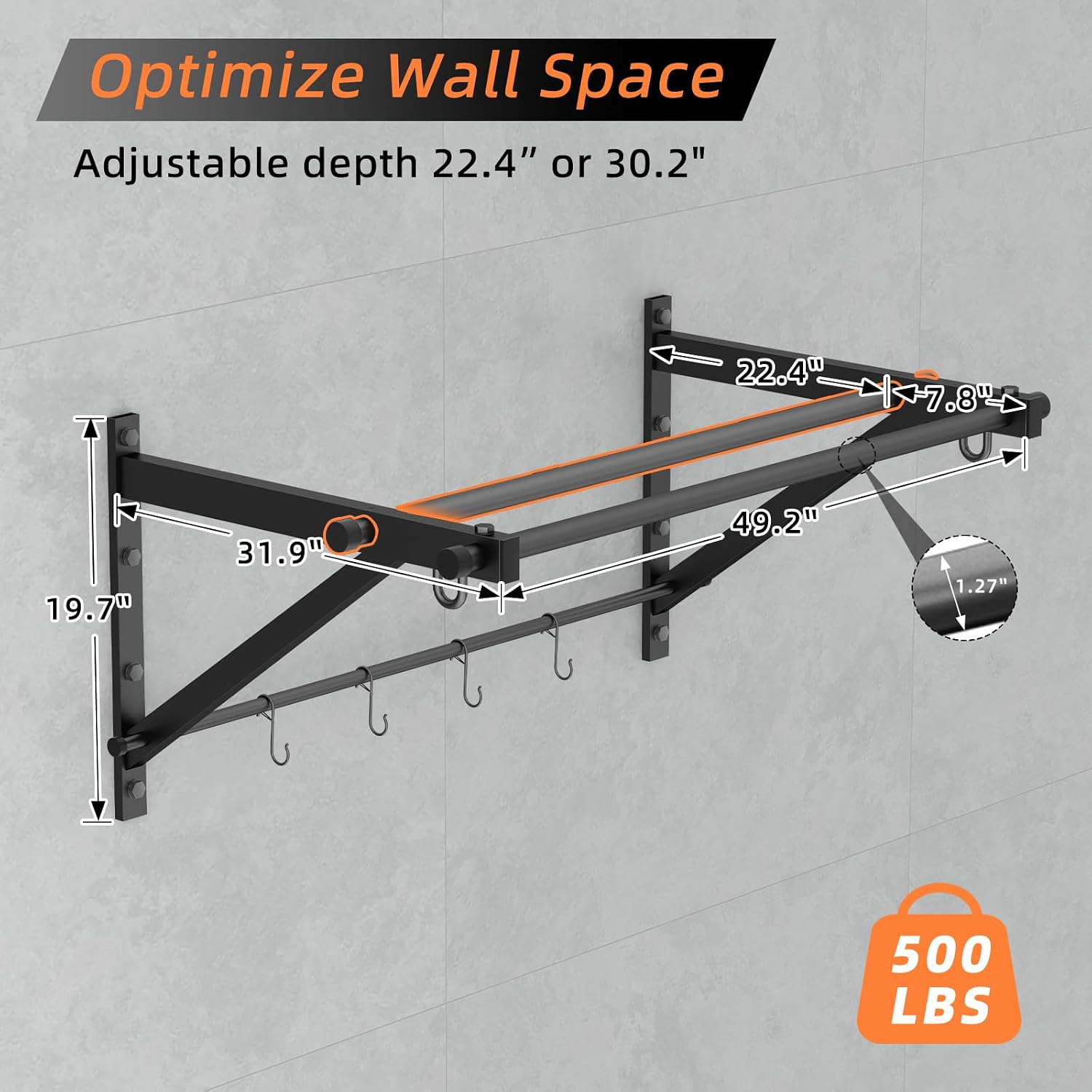 Adjustable Depth Pull Up Bar, Wall & Doorway Mounted Chin Up Bar with Hooks, Thickened Steel Construction, 500LBS