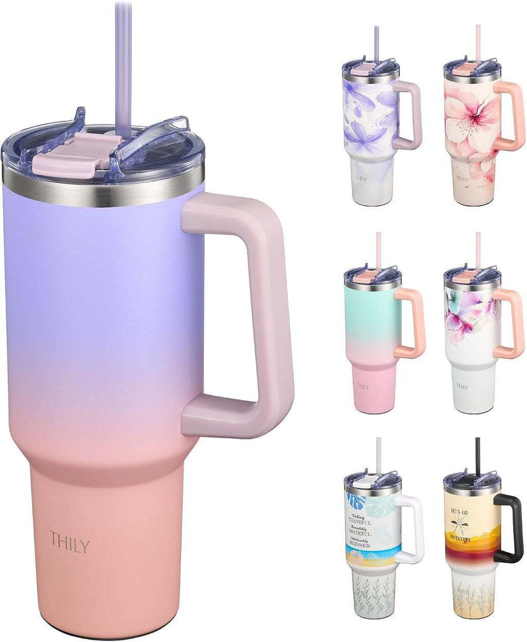 40 oz Stainless Steel Tumbler with Handle - Vacuum Insulated Travel Cup, Splash-Proof & Leakproof Lid, 2 Straws &