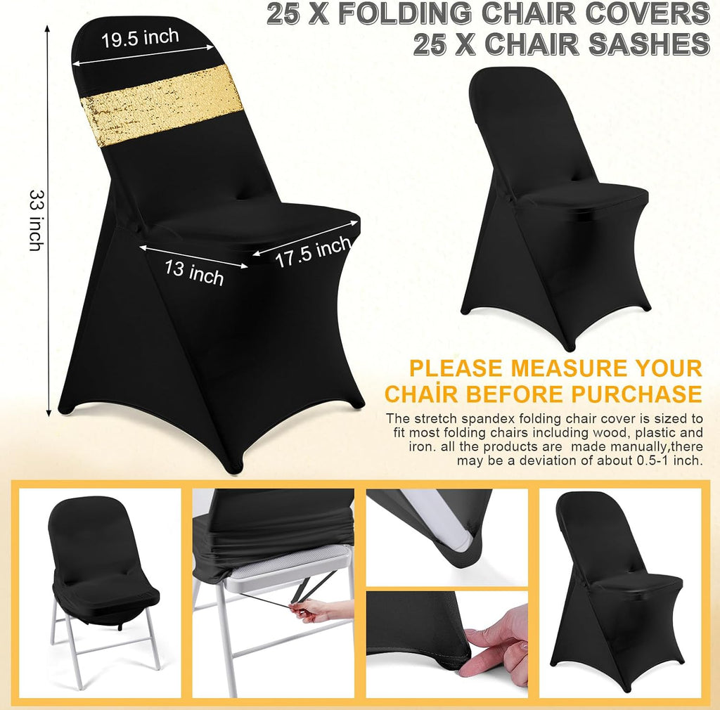 50 Pcs Spandex Folding Chair Cover with Sashes Set, Black, Gold