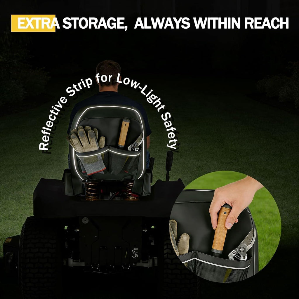 Lawn Mower Seat Cover, Padded Riding Mower Seat Cushion - Medium | 2 Side Drink Pouch, Waterproof Heavy Duty 600D