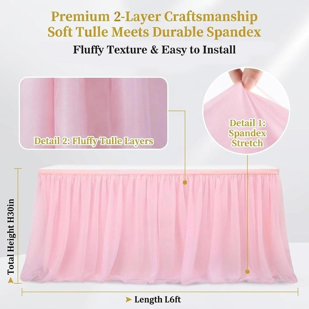 Pink Tulle Table Skirt - 6Ft Tutu Table Skirt for Party Table Decor