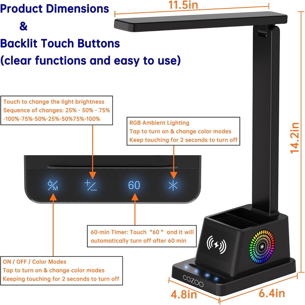 LED Desk Lamp for Home Office,15W Wireless Charger Pen Holder, Black | Desk Light for Bedroom Table, 3 Color Modes 4