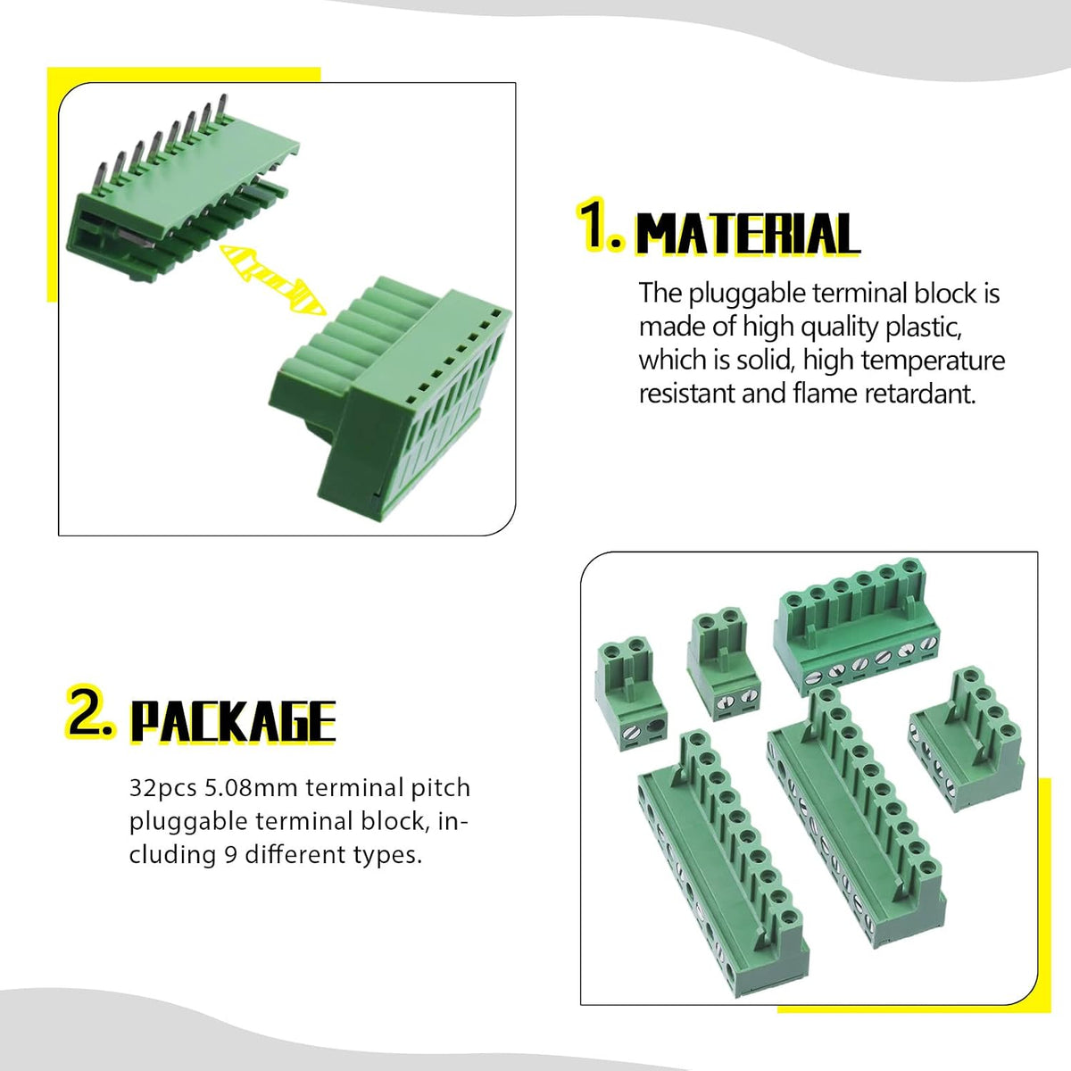 32Pcs 9 Type Pluggable Terminal Blocks Connector Socket, 5mm/0.2inch Pitch PCB Mount Screw Male Female Connectors(2/3/4/5/6/7/8/9 Pins)