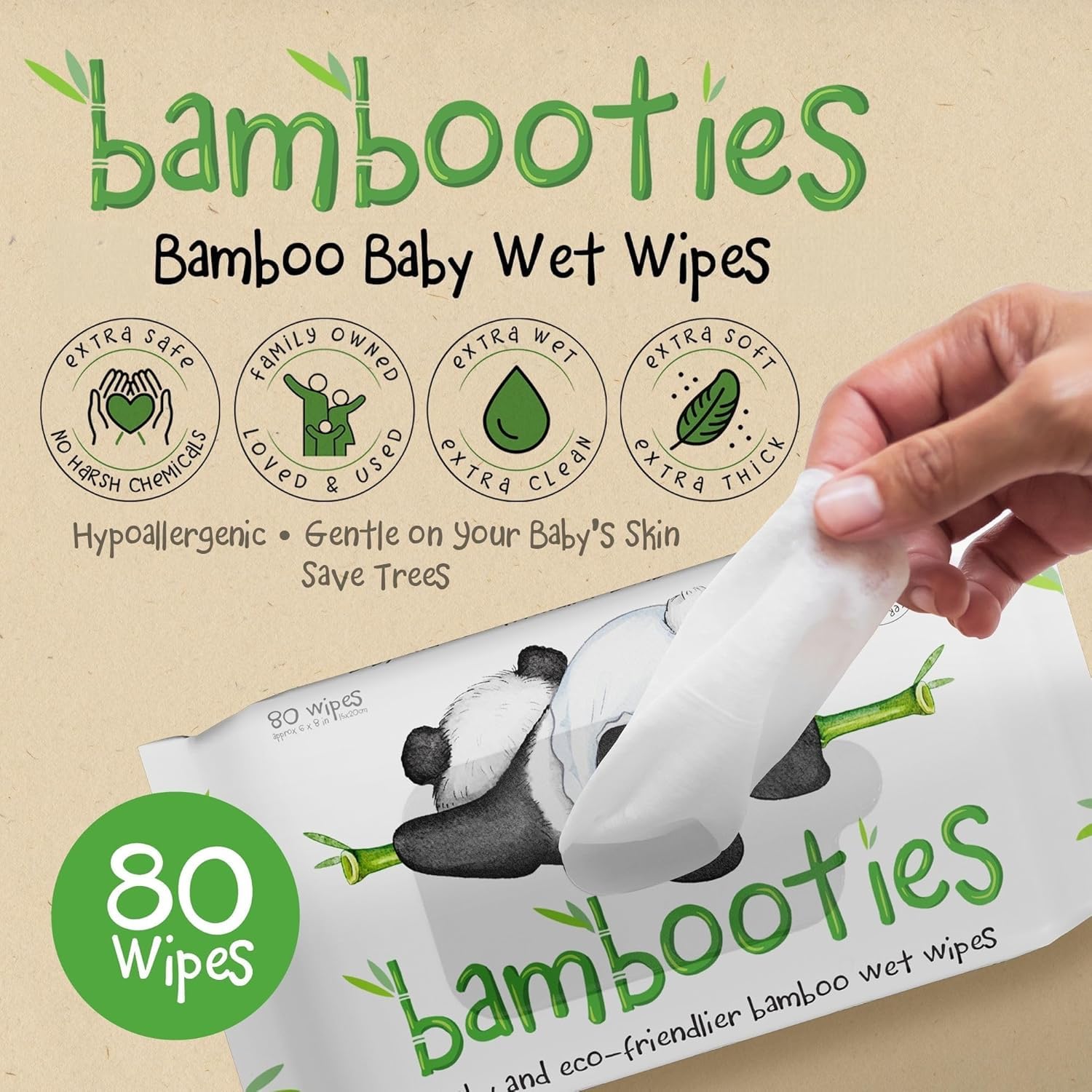Bamboo Baby Wipes Unscented, Plant based Diaper Wipes for Sensitive Skin, Water based Wipes Baby Sensitive Skin 80