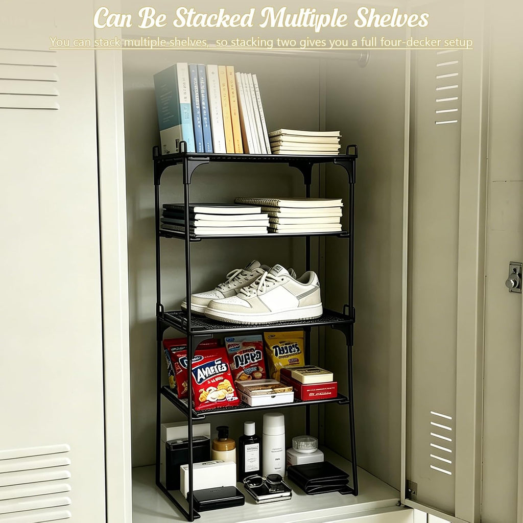 Black 2-Tier Locker Organizer Shelf Locker Accessories Kit, Metal Vertical Storage Rack with Magnetic Mirror