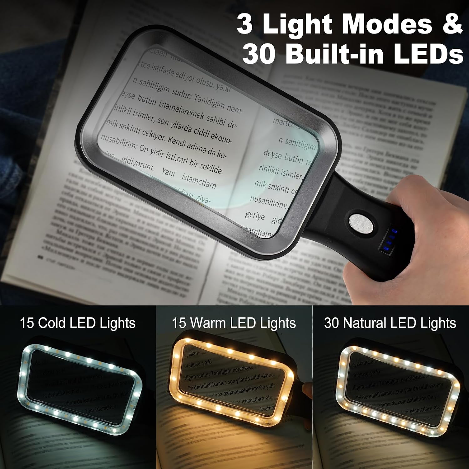 10X Magnifying Glass with Light, Rechargeable Magnifier with 3 Color Modes, Lighted Magnifying Glass Handheld for