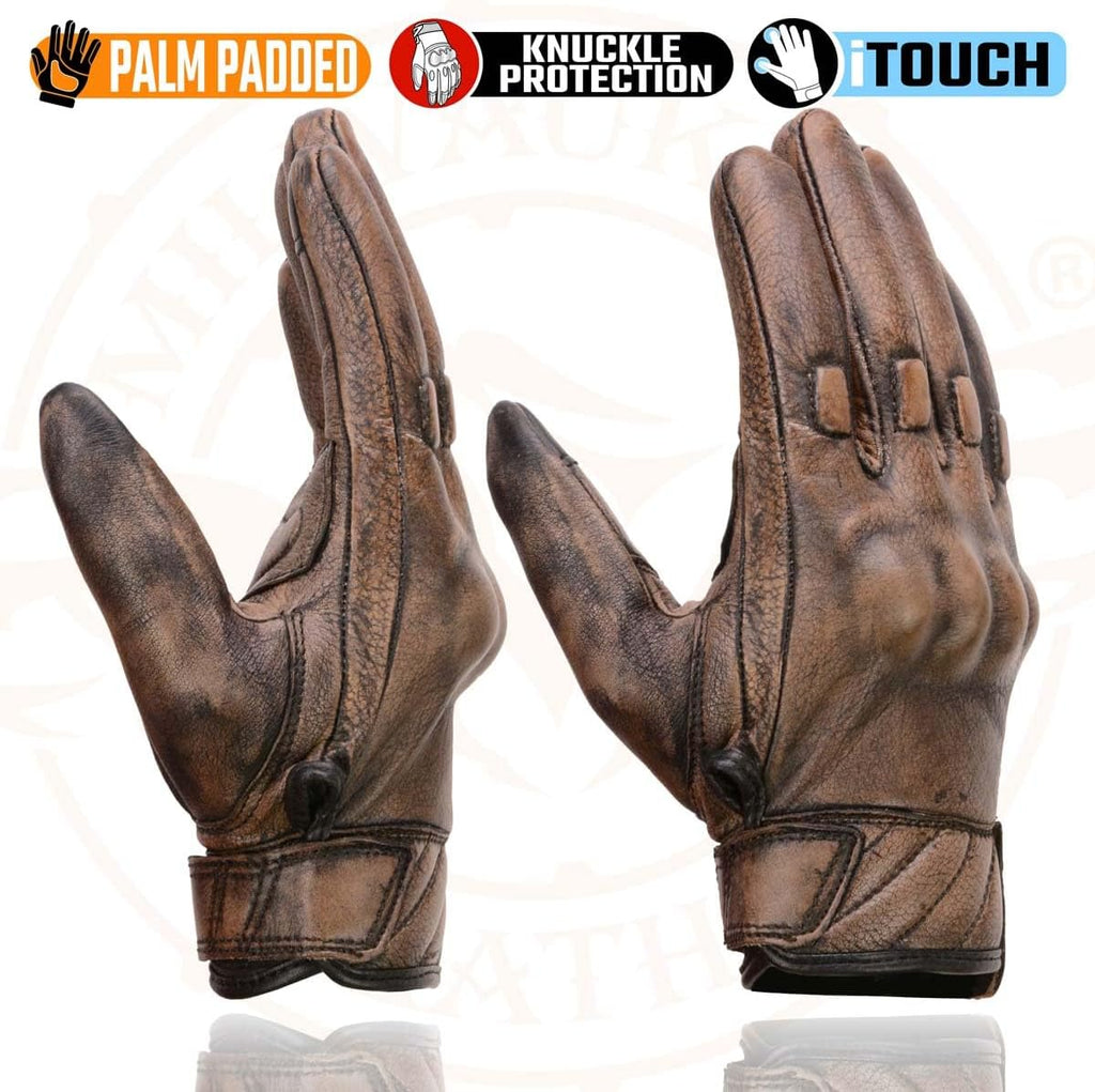 MG7514 Men's Brown Leather with Gel Palm Motorcycle Gloves W/Protective Knuckle