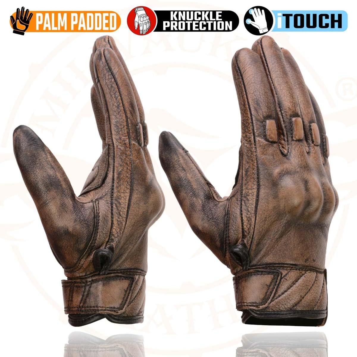 MG7514 Men's Brown Leather with Gel Palm Motorcycle Gloves W/Protective Knuckle