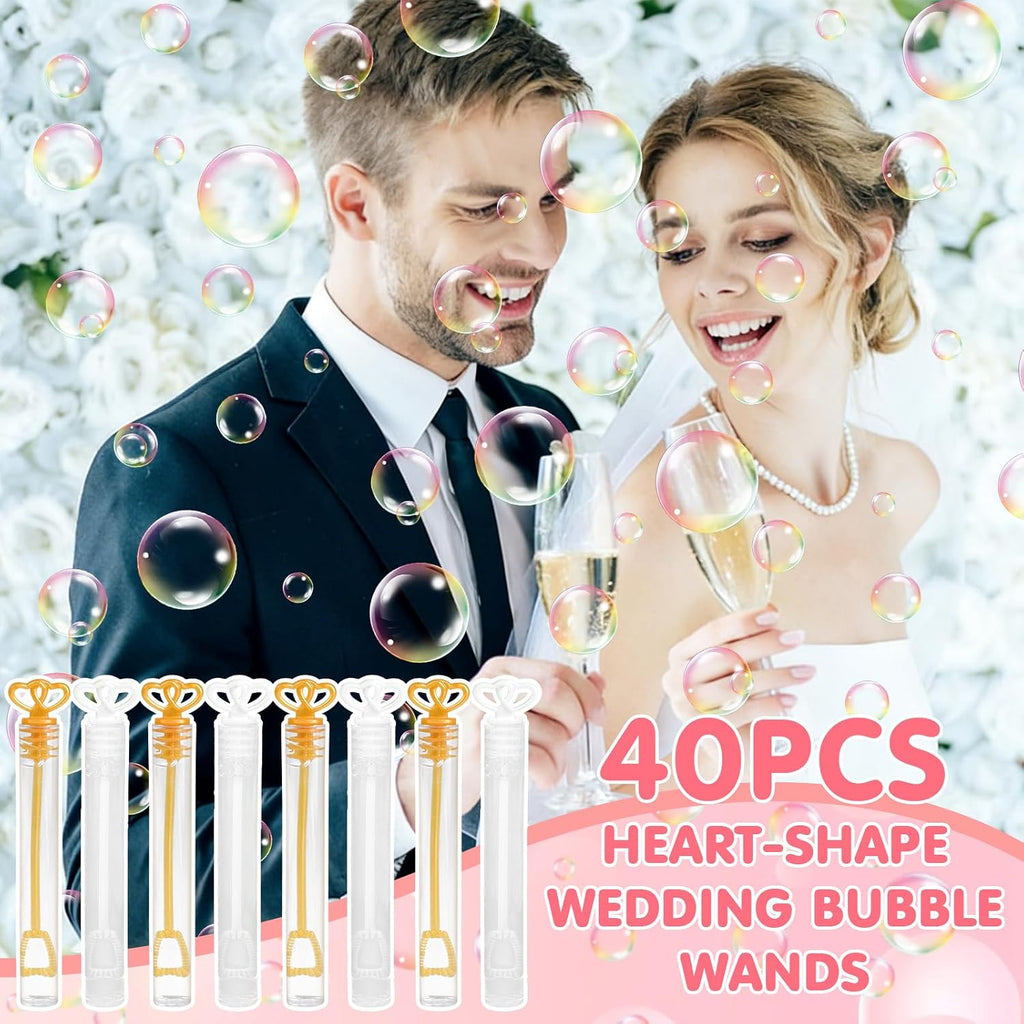 40PCS Wedding Bubble Wands Bulk, Mini Heart Bubbles Party Favor White Gold Bubble Sticks for Valentine's Day