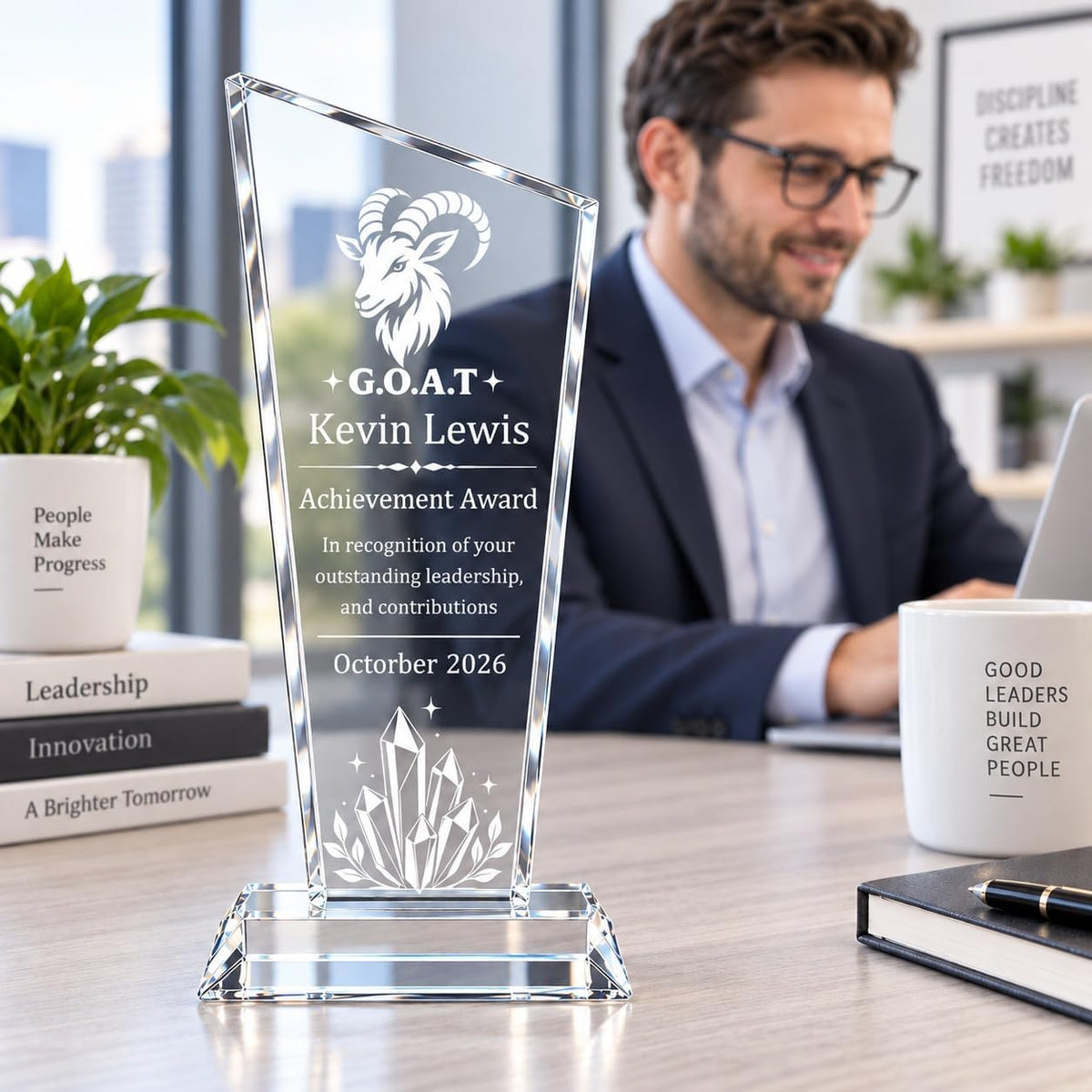 Personalized K9 Crystal Trophy Award with Logo Photo Text, Custom Employee Recognition Plaque for Corporate