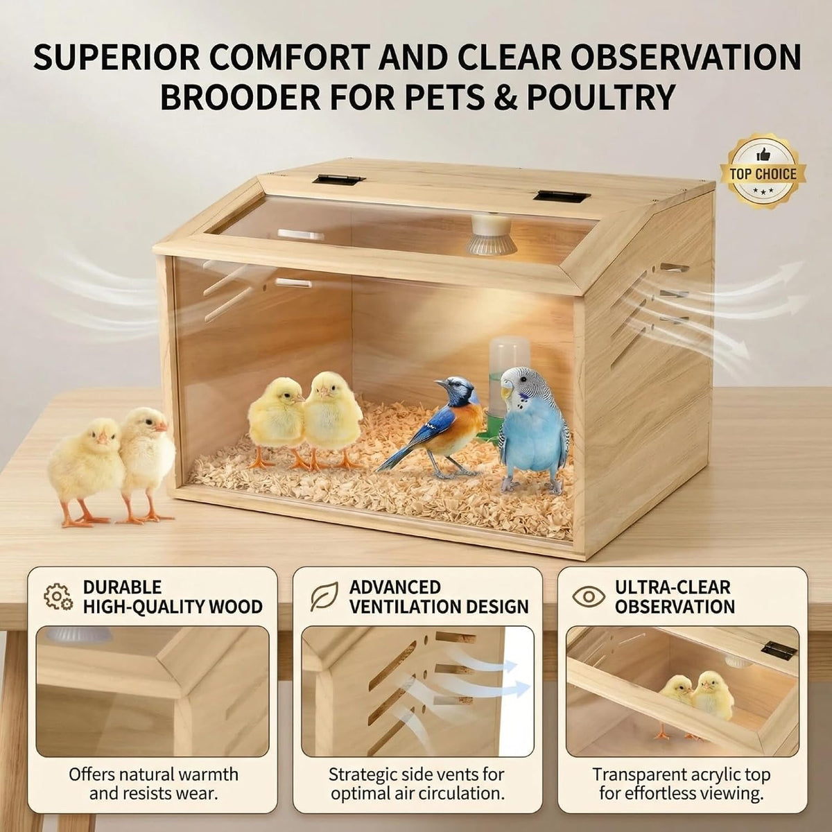 15.74 x 11.81 x 11.81” Chick Brooder Box with Heating Lamp, Poultry Brooder with Heaters, Wooden Brooder Box for Baby