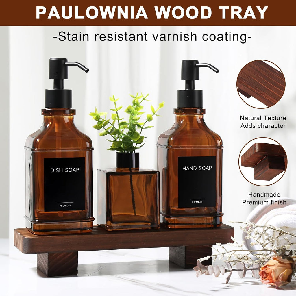 Modern Kitchen Soap Dispenser Set with Wood Tray, Amber Glass Soap Dispensers with Pump, Decorative Hand and Dish