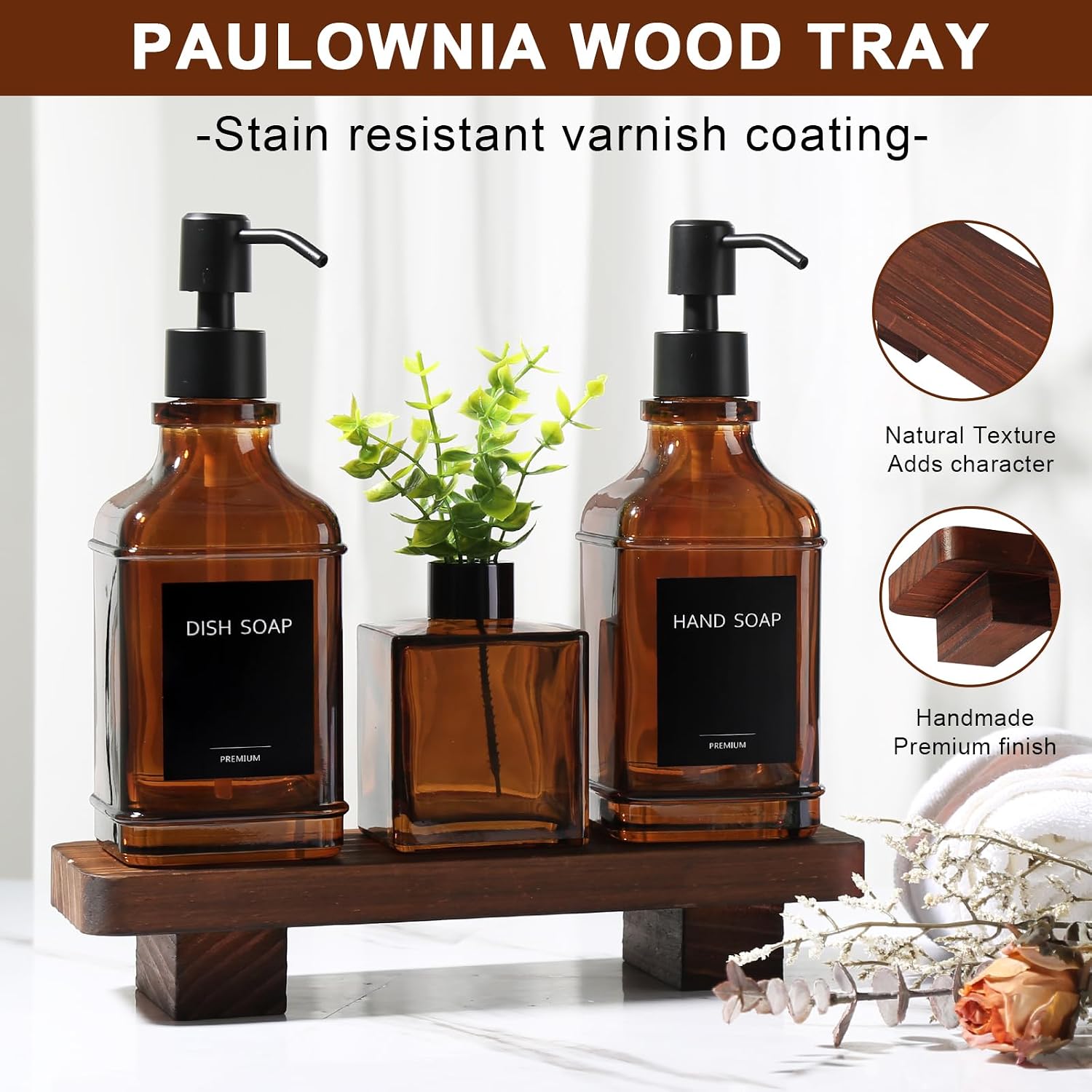 Modern Kitchen Soap Dispenser Set with Wood Tray, Amber Glass Soap Dispensers with Pump, Decorative Hand and Dish