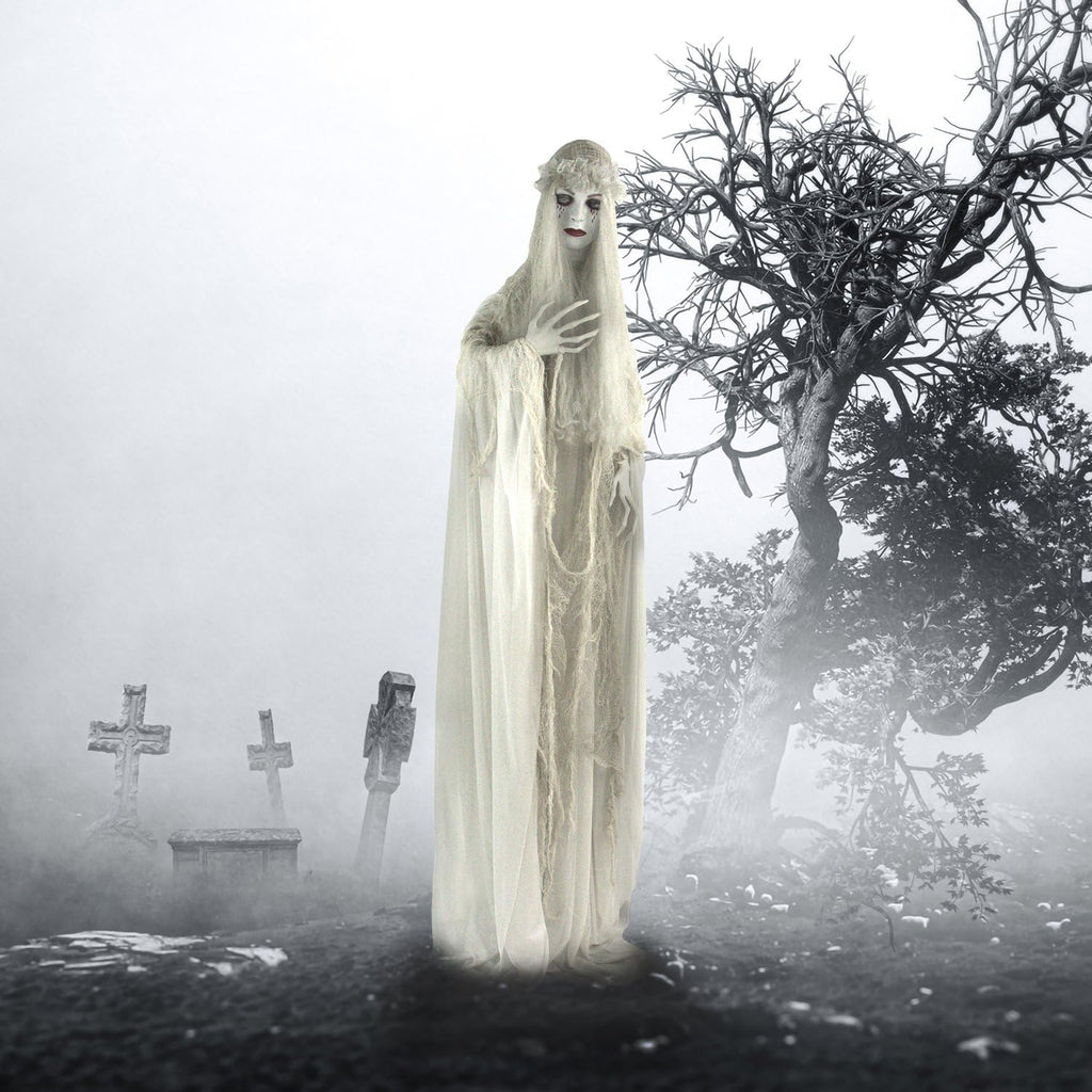 Life-Size 5.7-Ft Scary Ghost Bride, Halloween Animatronic with Touch Activated Lights and Sound, Battery Operated