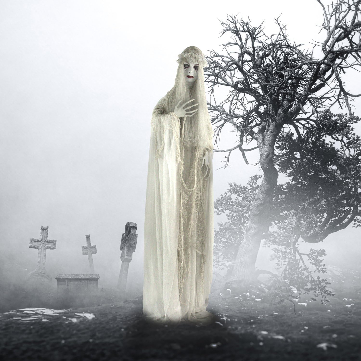 Life-Size 5.7-Ft Scary Ghost Bride, Halloween Animatronic with Touch Activated Lights and Sound, Battery Operated