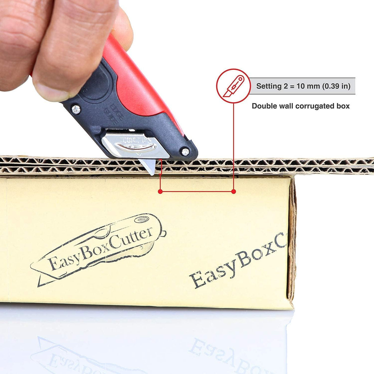 Modern Box Cutter, Extra Tape Cutter at Back, Dual Side Edge Guide, 3 Blade Depth Setting, 2 Blades and Holster