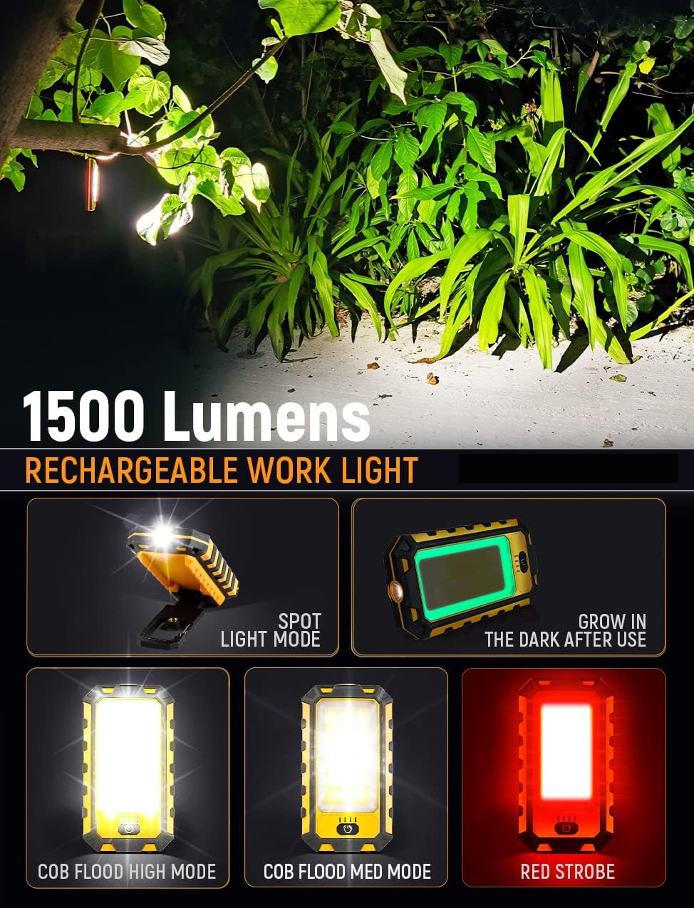 LED Rechargeable Magnetic Work Light 1500Lumens, Hanging Hook 4 Lighting Modes, Job Site Lighting for Car Repairing