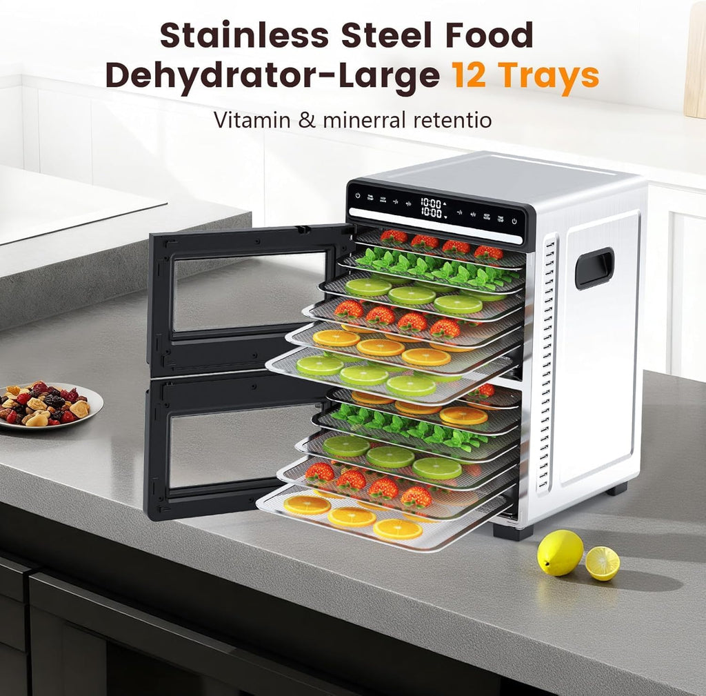Food Dehydrator, 12 Stainless Steel Trays with 8.8 ft² Drying Space, 1100W, 176°F Dehydrated Dryer for Jerky & Time