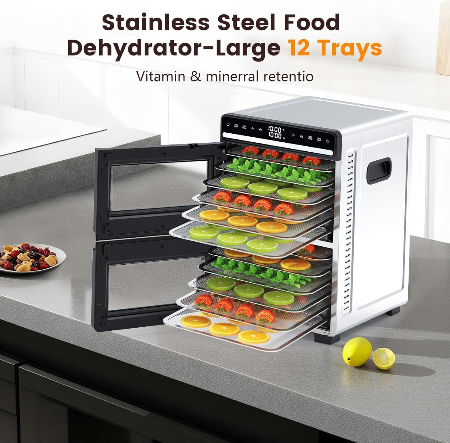 Food Dehydrator, 12 Stainless Steel Trays with 8.8 ft² Drying Space, 1100W, 176°F Dehydrated Dryer for Jerky & Time