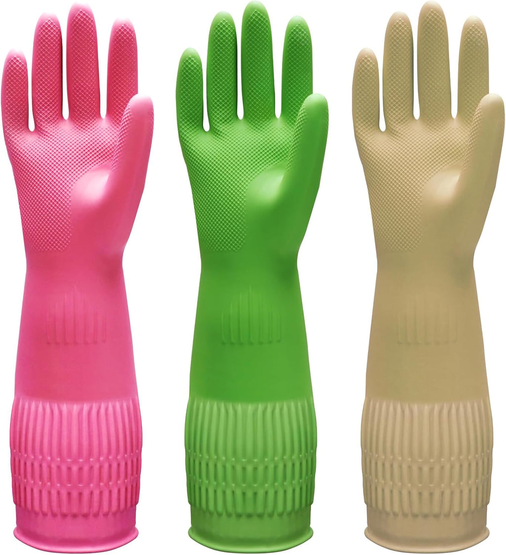 3 Pairs of Rubber Dishwashing Gloves for Kitchen and Household Cleaning – Long Cuff 15", Reusable, Flexible