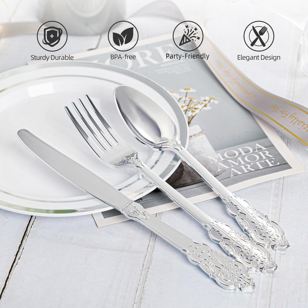 300PCS Silver Plastic Silverware, Vintage Disposable Utensils & Cutlery