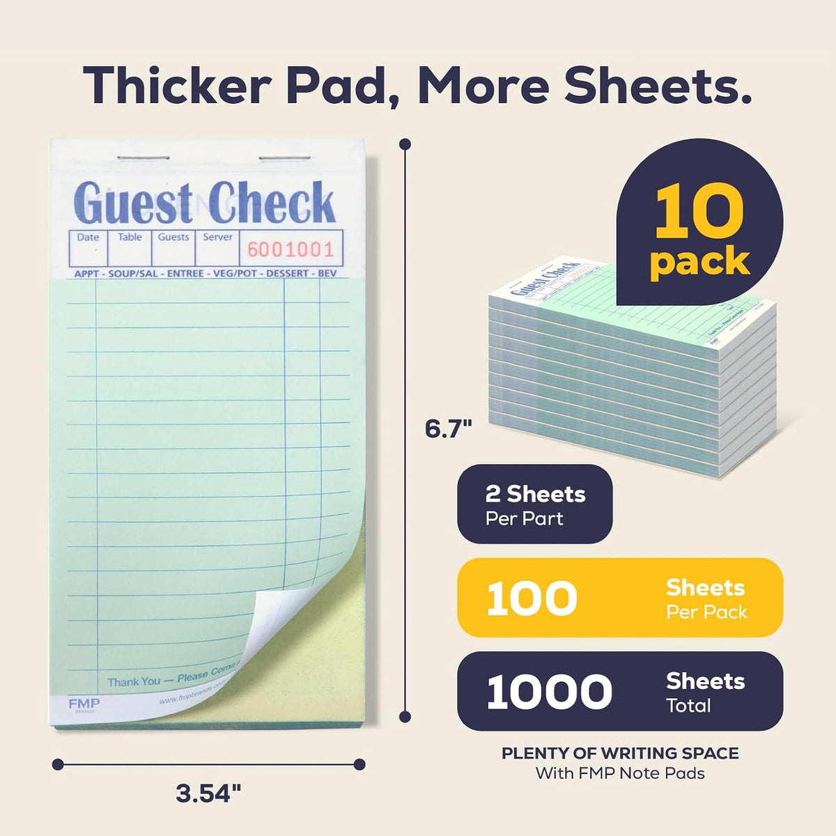 Double Part Guest Check for Servers, Server Note Pads 500 Sheets (10 Pads), Server Books for Waitress with Carbon