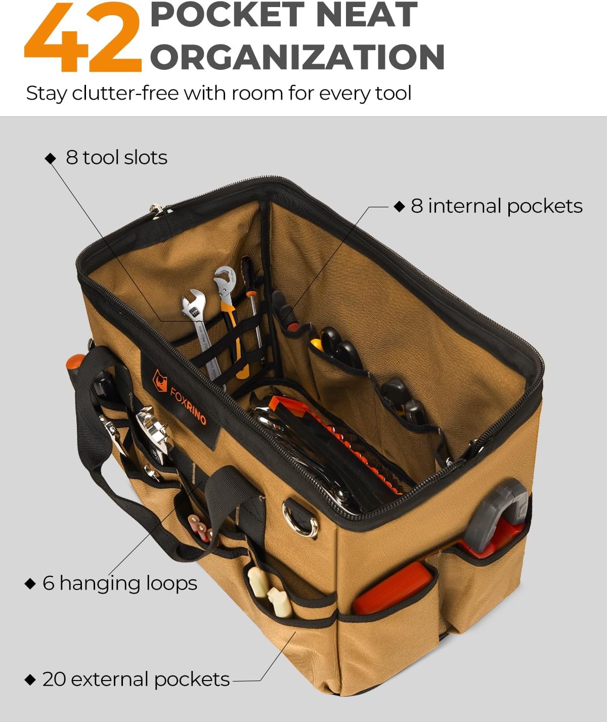 Heavy Duty Tool Bag 16-Inch, 42-Pocket Portable Empty Tool Box Organizer Storage, Anti-Collapse Toolbox Organization