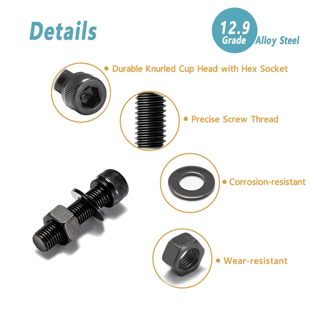 Kadrick Metric Screws Assortment,270 Pcs M4 Screw Kit,Hex Socket Head Cap Bolts, M4*6mm/8mm/12mm/16mm/20mm/30mm Screws Nuts and Washers, 12.9 Grade Alloy Steel,Black Zinc Plated,Anti Rust Upgrade