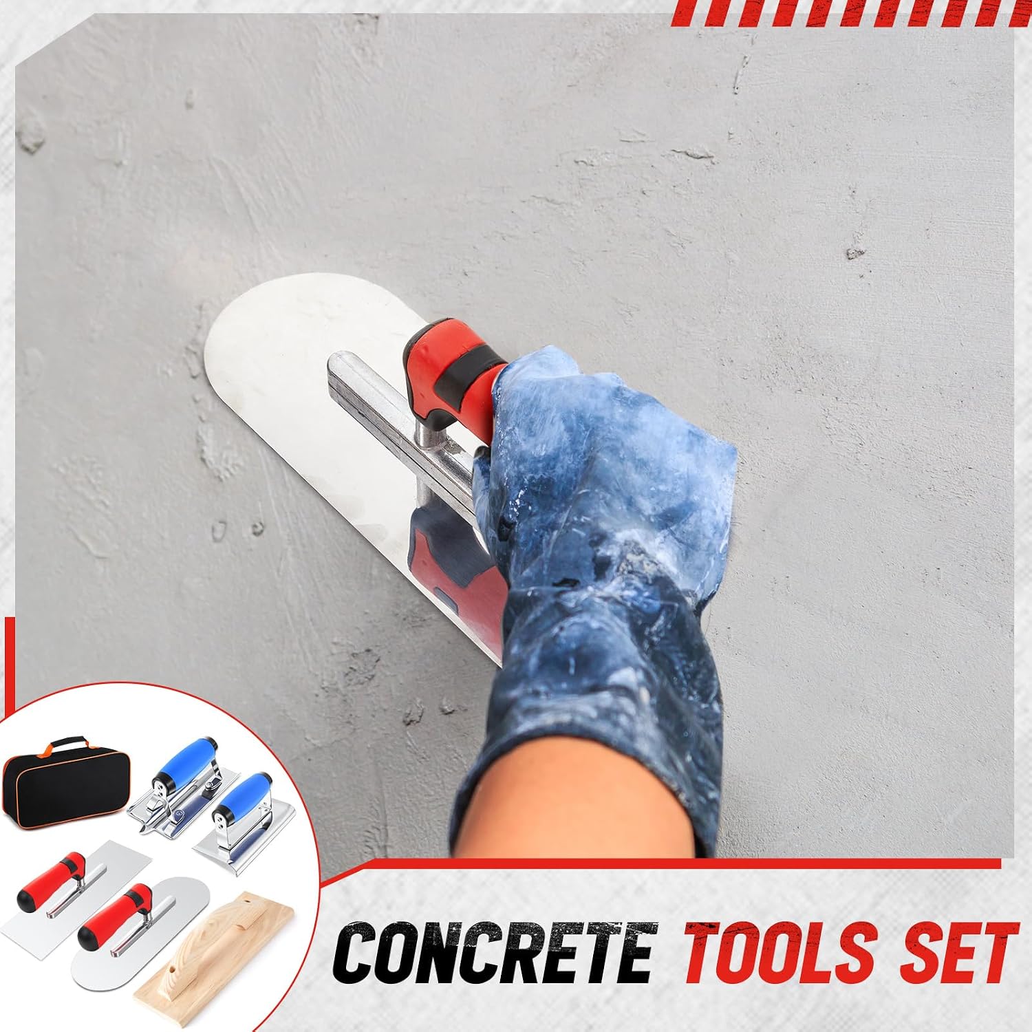 6pcs Concrete Hand Tools Set Masonry Tools Includes Stainless Steel Concrete Hand Edger, Groover, Wood Float