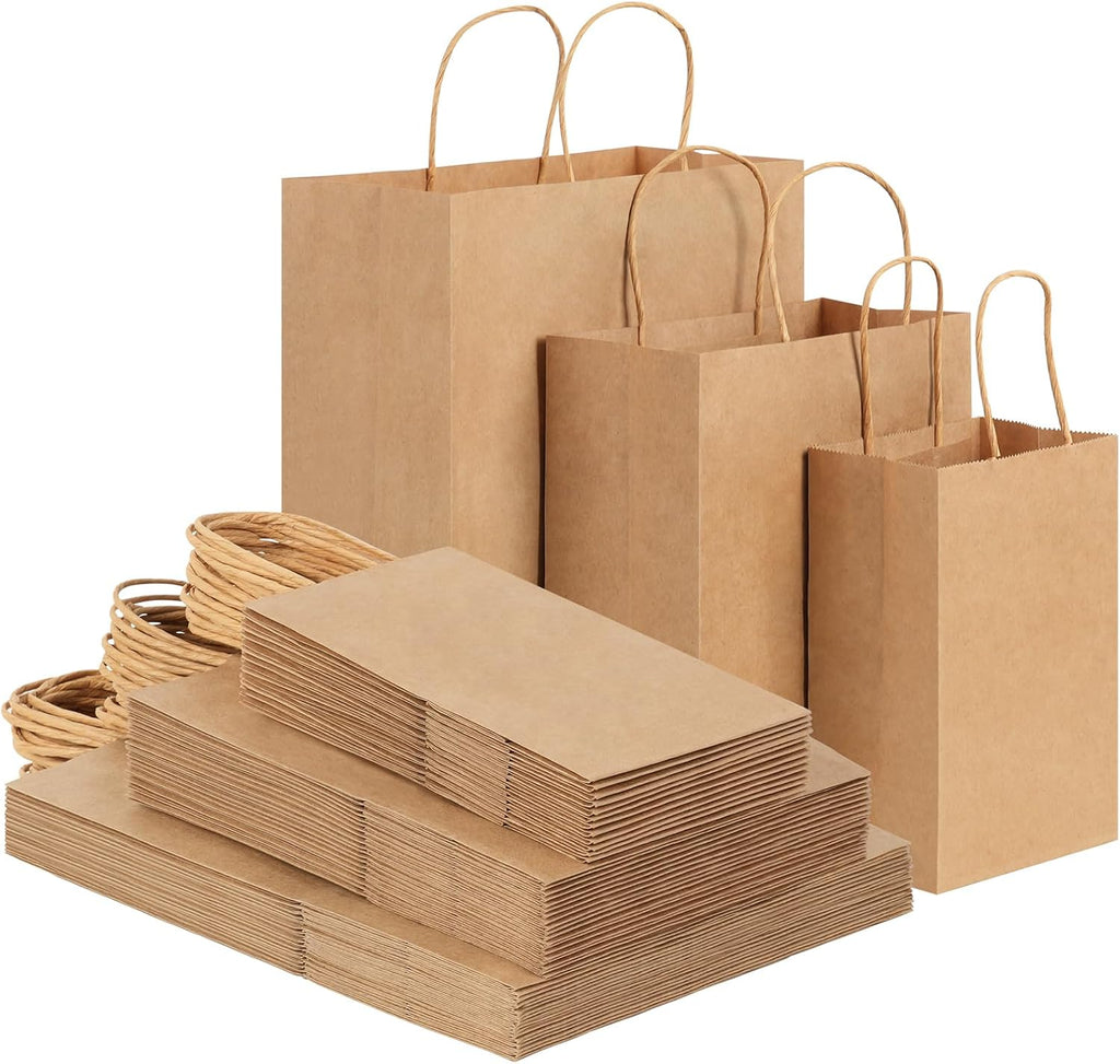 120pcs Paper Bags with Handles Assorted Sizes Kraft Brown Bags