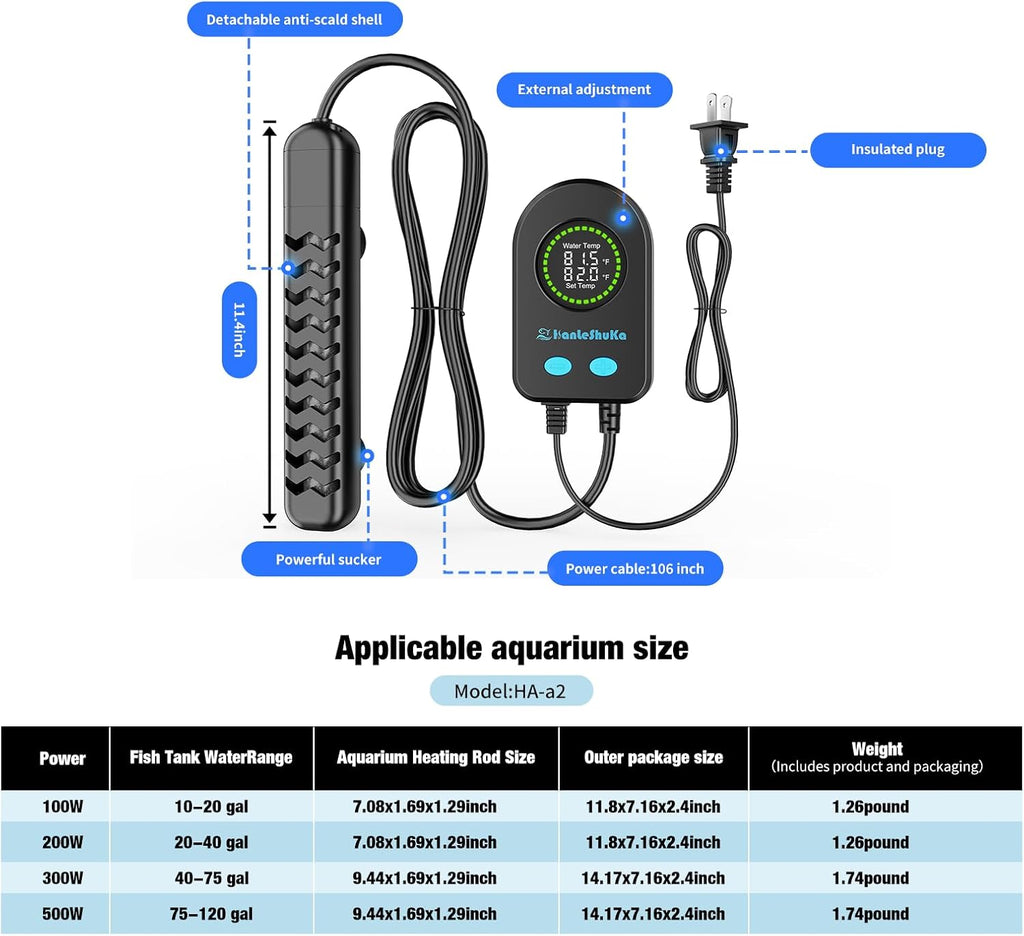 100W Submersible Fish Tank Heater for 10-20 Gallon with Auto Shut-Off When Leaving Water—Aquarium Heater, Dry-Burn &