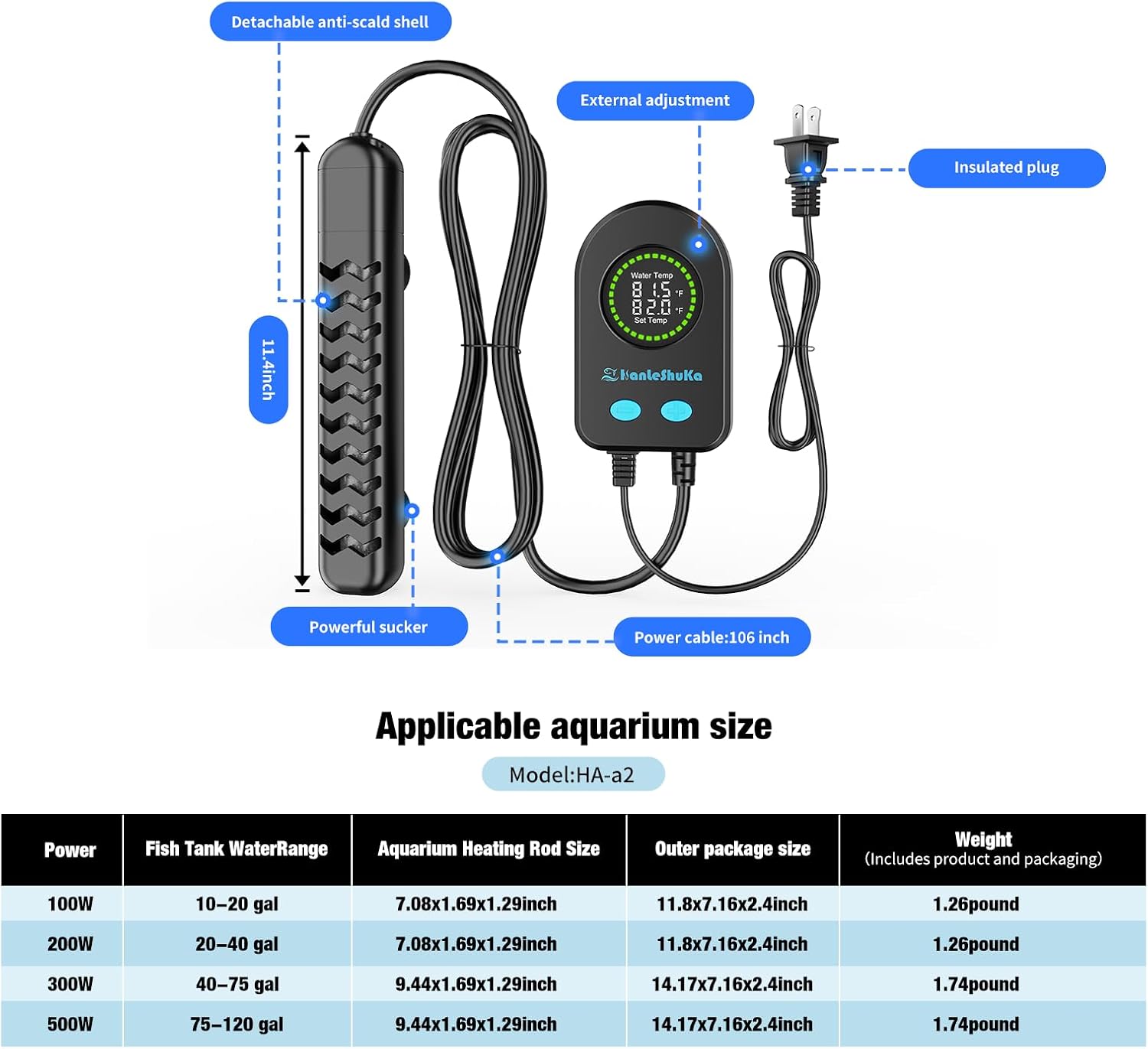 100W Submersible Fish Tank Heater for 10-20 Gallon with Auto Shut-Off When Leaving Water—Aquarium Heater, Dry-Burn &