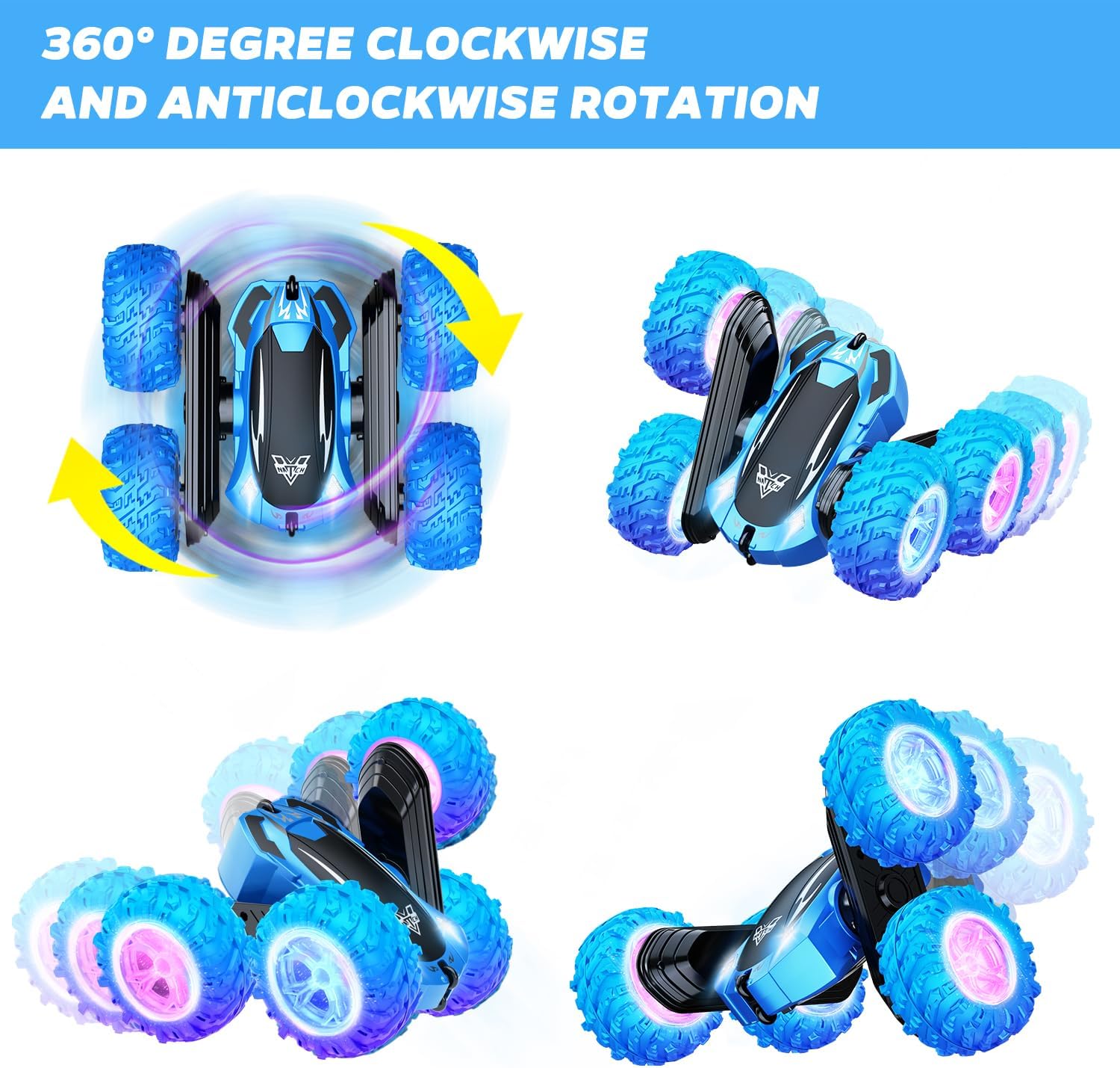Remote Control Car, 2.4GHz Double Sided 360° Flips Rotating Electric Race RC Stunt Car, LED Wheel & Headlight High