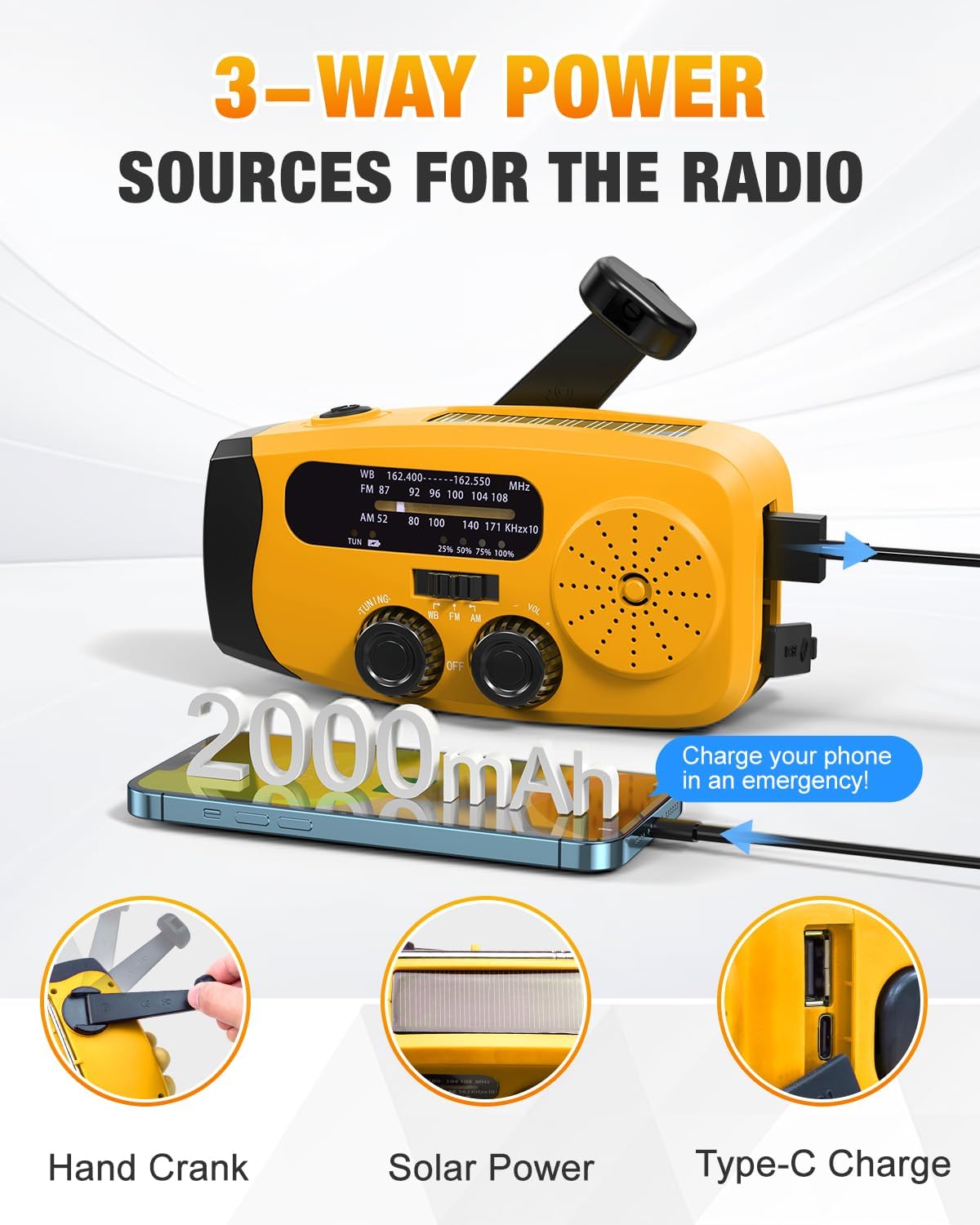 Hand Crank Radio with AM/FM/NOAA Weather Bands,for Emergencies, Camping | 3 LED Flashlights,SOS Function,Solar