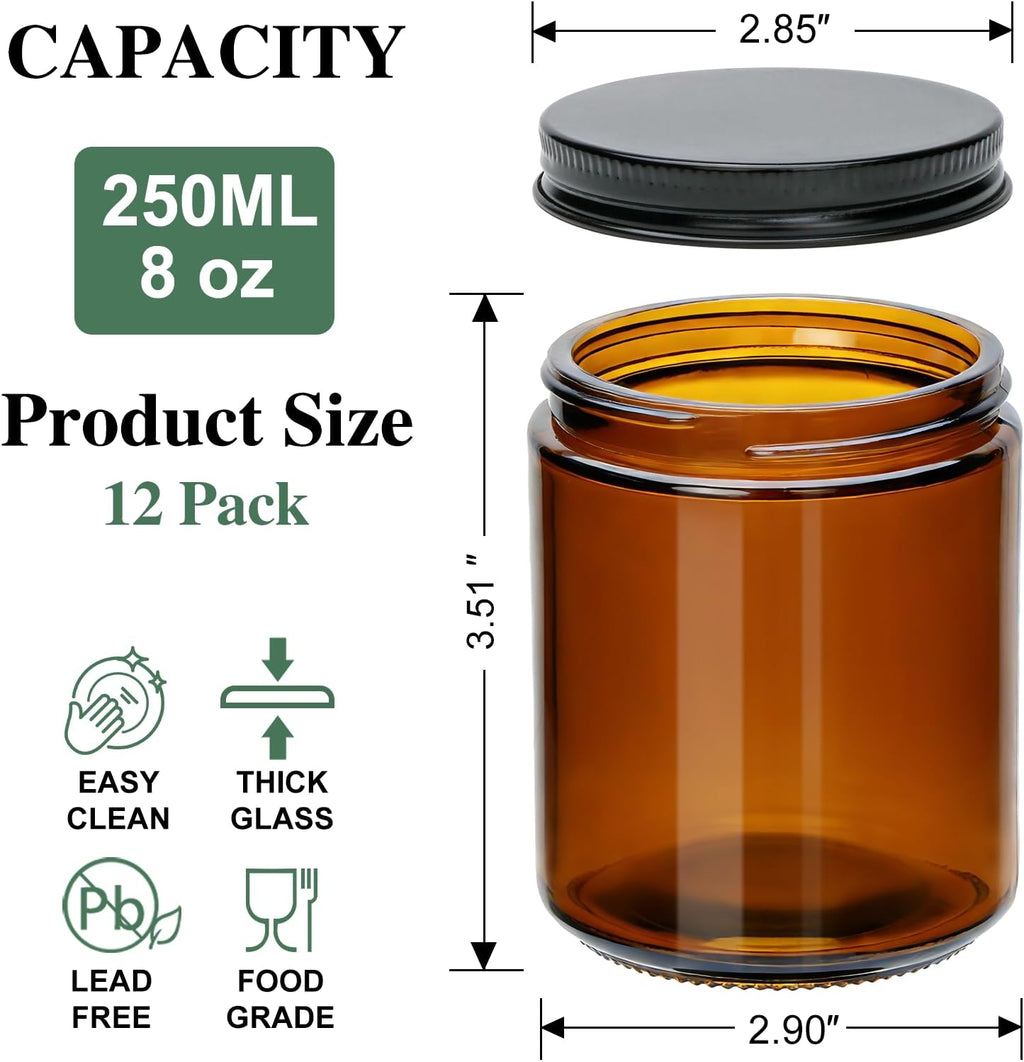 8 oz Amber Glass Candle Jars with Lids,12 Pack Airtight Candle Containers | Empty Round Food Storage Containers with