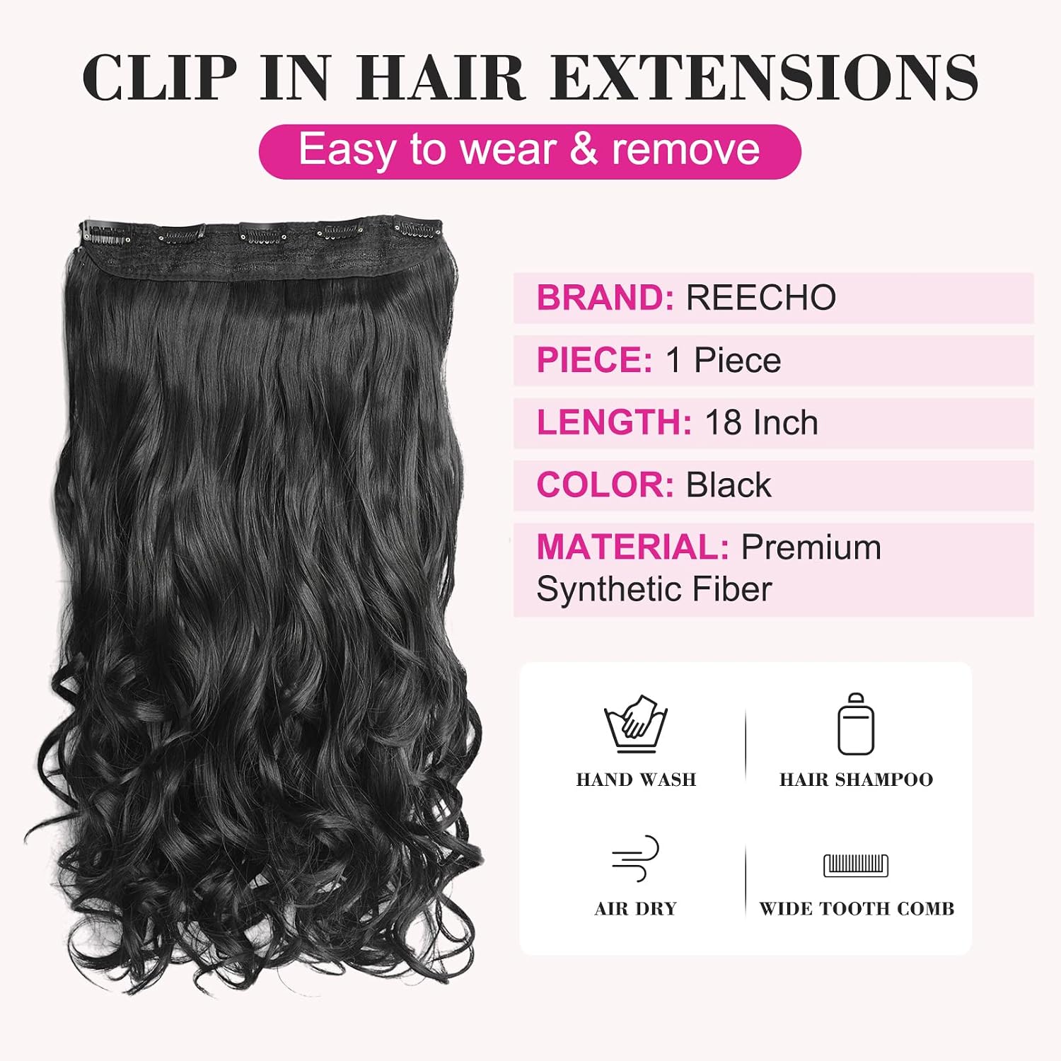 18" 1-Pack 3/4 Full Head Curly Wavy Clips in on Synthetic Hair Extensions HE008 Hairpieces for Women 5 Clips 4.0 Oz