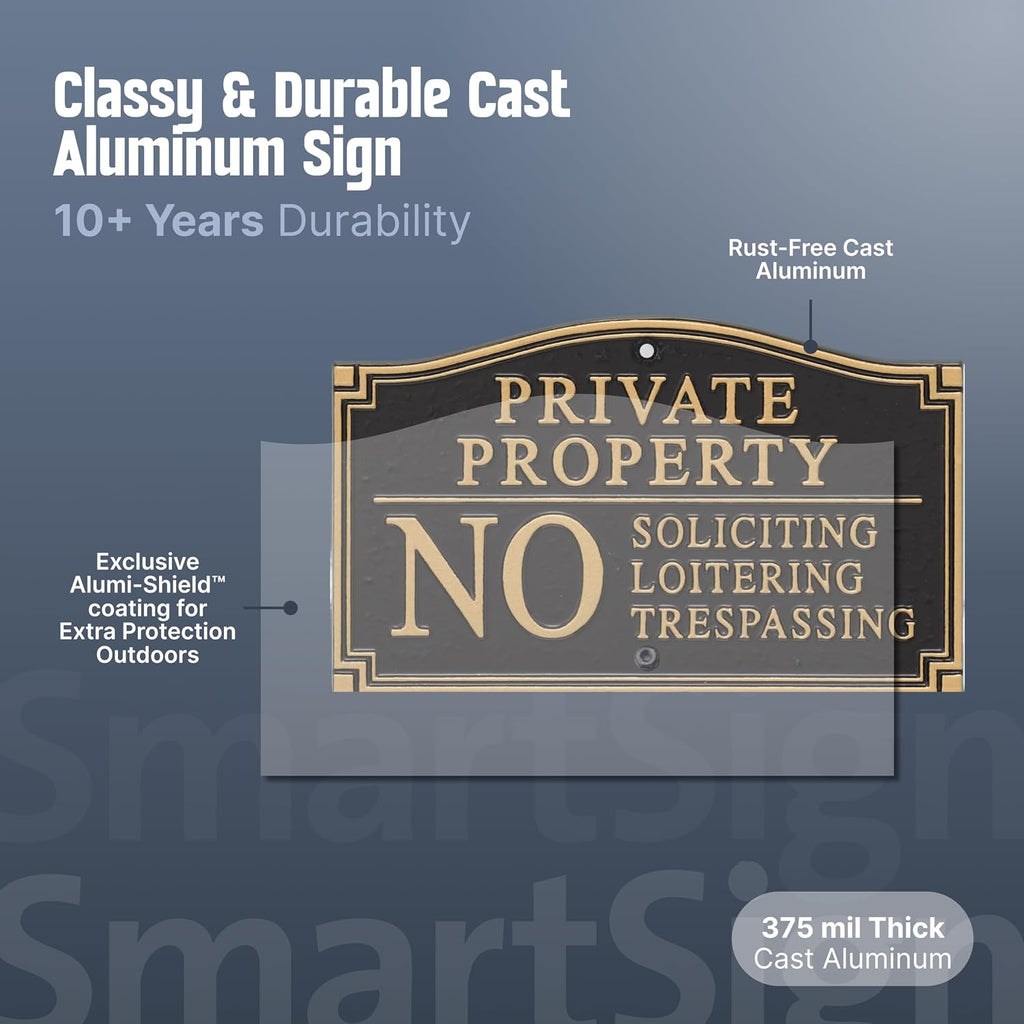 Private Property Sign for Yard, No Soliciting Loitering Trespassing Garden Plaque | 5.75" x 9.5" Aluminum Plaque with