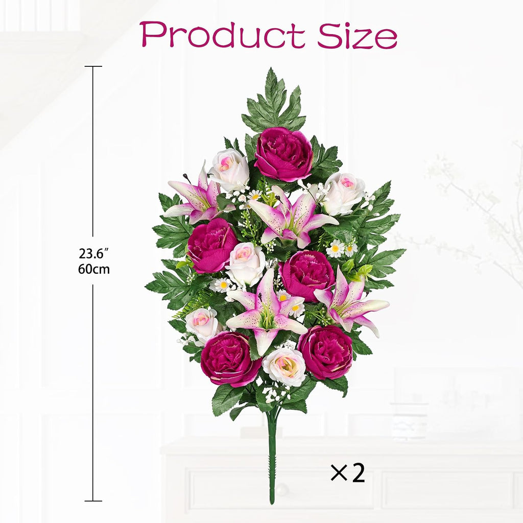 2 Set Artificial Cemetery Flowers for Grave, Silk Sympathy Grave Flowers Bouquet Fake Rose Peony Lily Floral