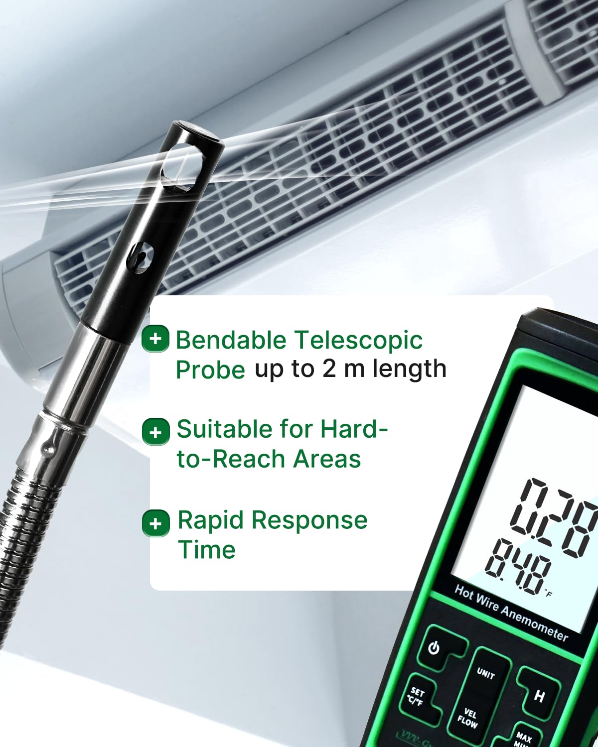 Hot Wire Anemometer AM-286, CFM/CMM HVAC Airflow Meter, 2m Telescopic Probe