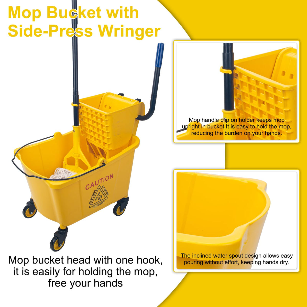 35 Quart Commercial Mop Bucket with Side Press Wringer on Wheels